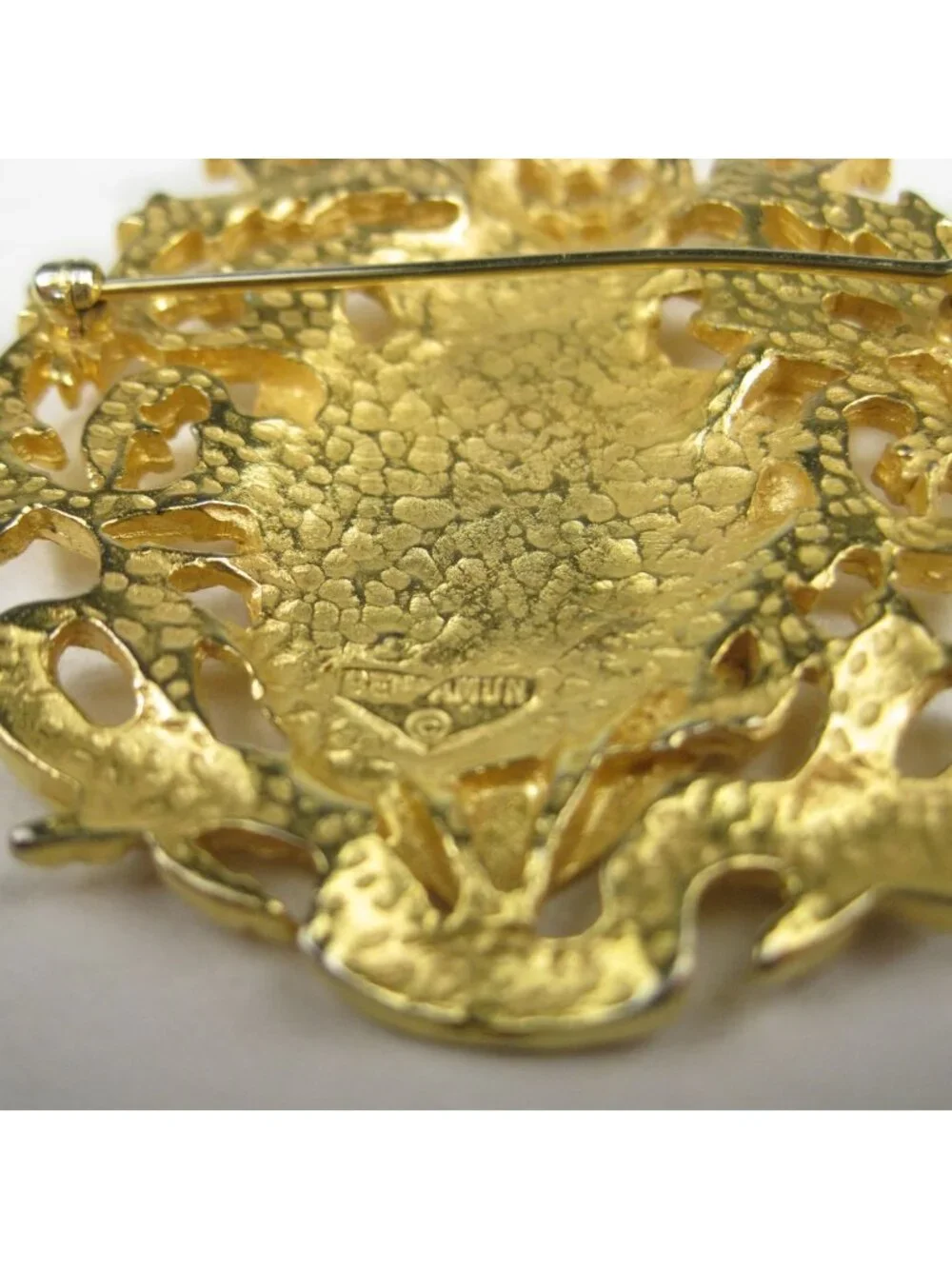 Vintage Ben Amun Gold Tone Brooch Pin Victoria Crown Arms Shield Statement